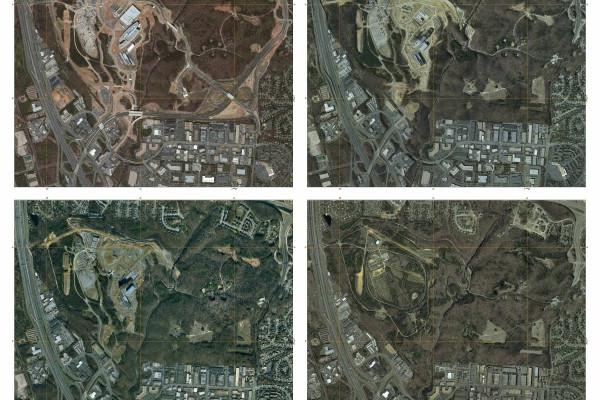 This series of images shows the construction of the National Geospatial Intelligence Agency's New Campus East Facility in Springfield, VA. Note the aircraft caught in the image at lower right.
